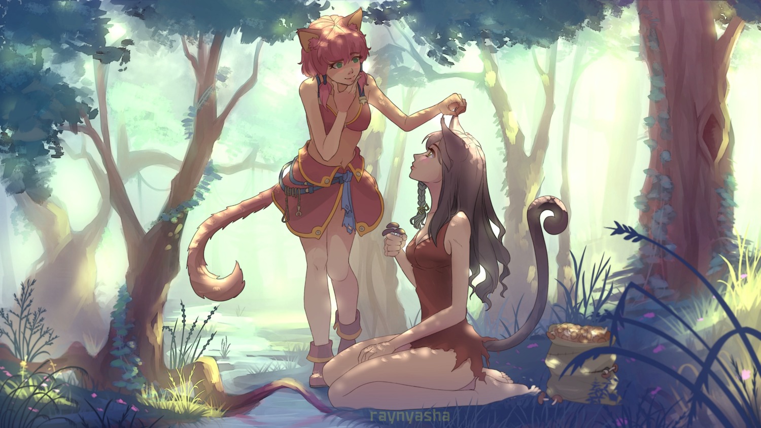 animal_ears bikini_armor dress nekomimi raynyasha skirt_lift tail torn_clothes wallpaper