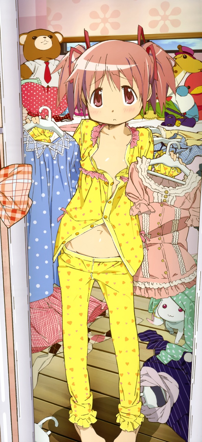 imamura_ryou kaname_madoka kyubey loli mahou_shoujo_madoka_magica no_bra open_shirt pajama