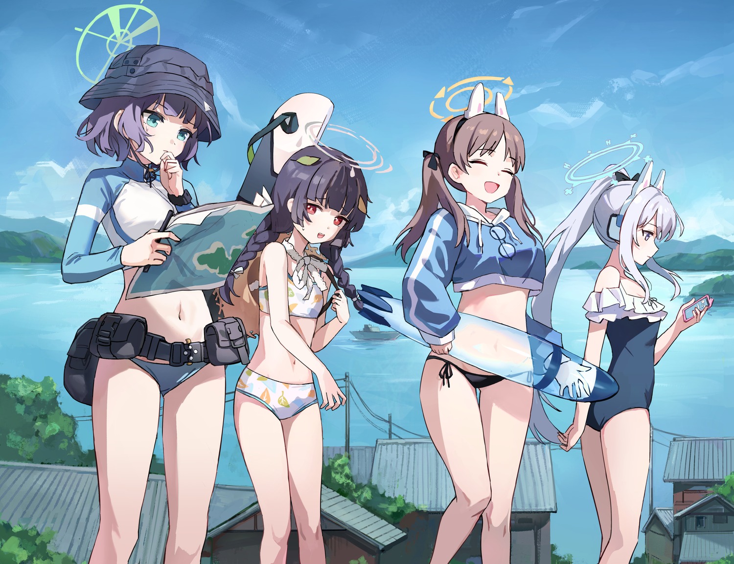 animal_ears bikini blue_archive bunny_ears gym_uniform halo headphones kasumizawa_miyu kazekura_moe kuza_brs megane sorai_saki swimsuits tsukiyuki_miyako