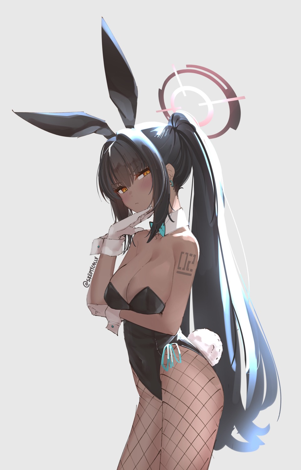 animal_ears blue_archive bunny_ears bunny_girl fishnets halo kakudate_karin no_bra pantyhose skeptycally tail tattoo