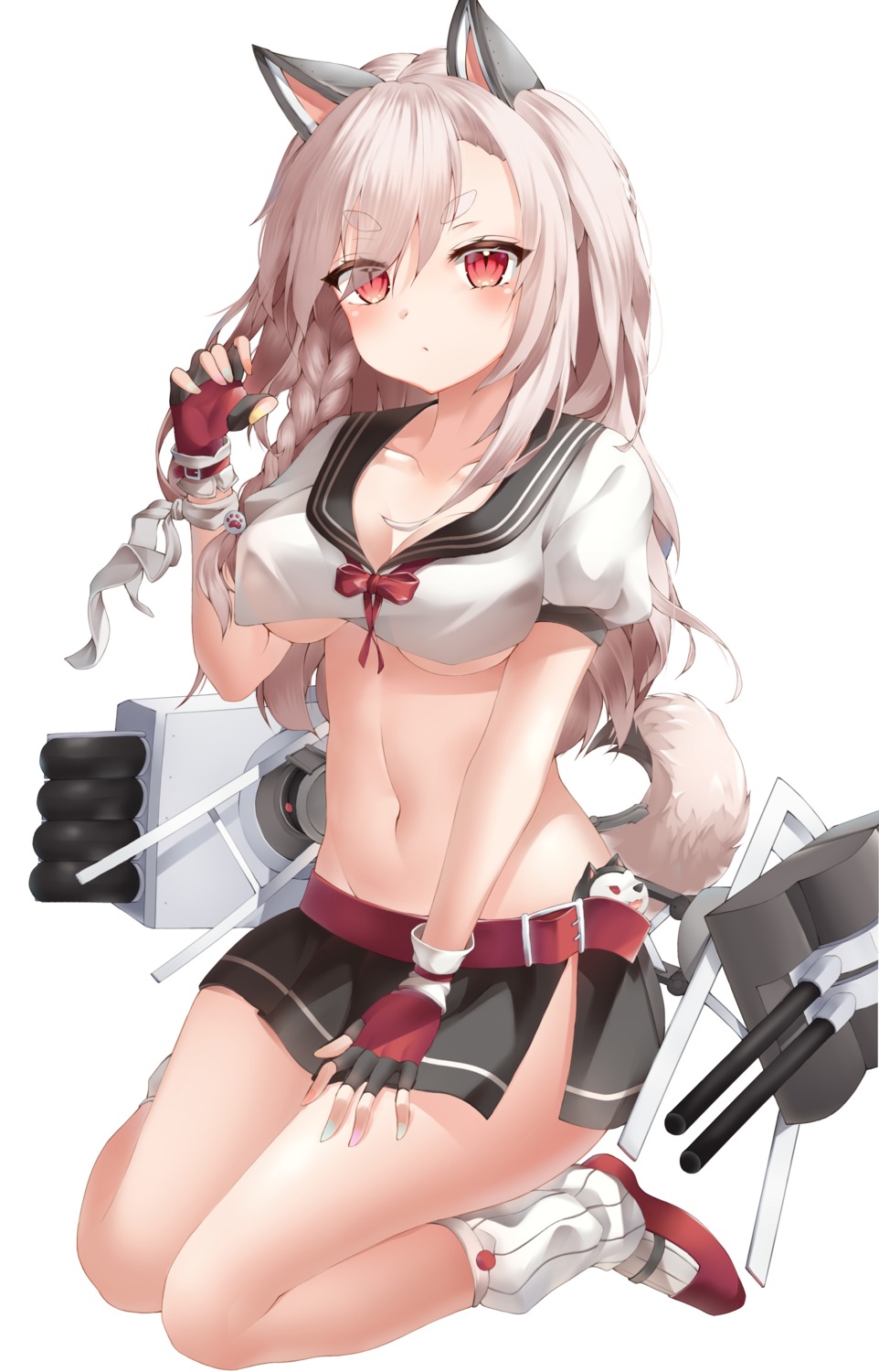 animal_ears azur_lane cleavage seifuku skarif tail underboob yuudachi_(azur_lane)