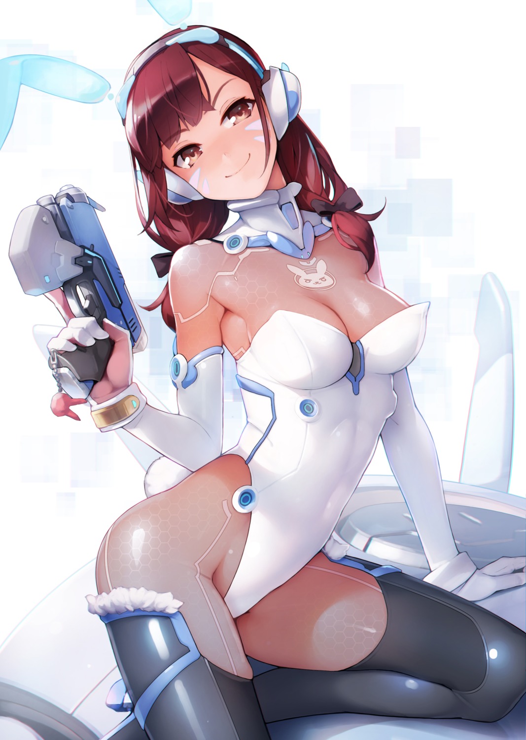 animal_ears ataruman bodysuit bunny_ears bunny_girl cleavage d.va gun headphones heels overwatch see_through tail thighhighs