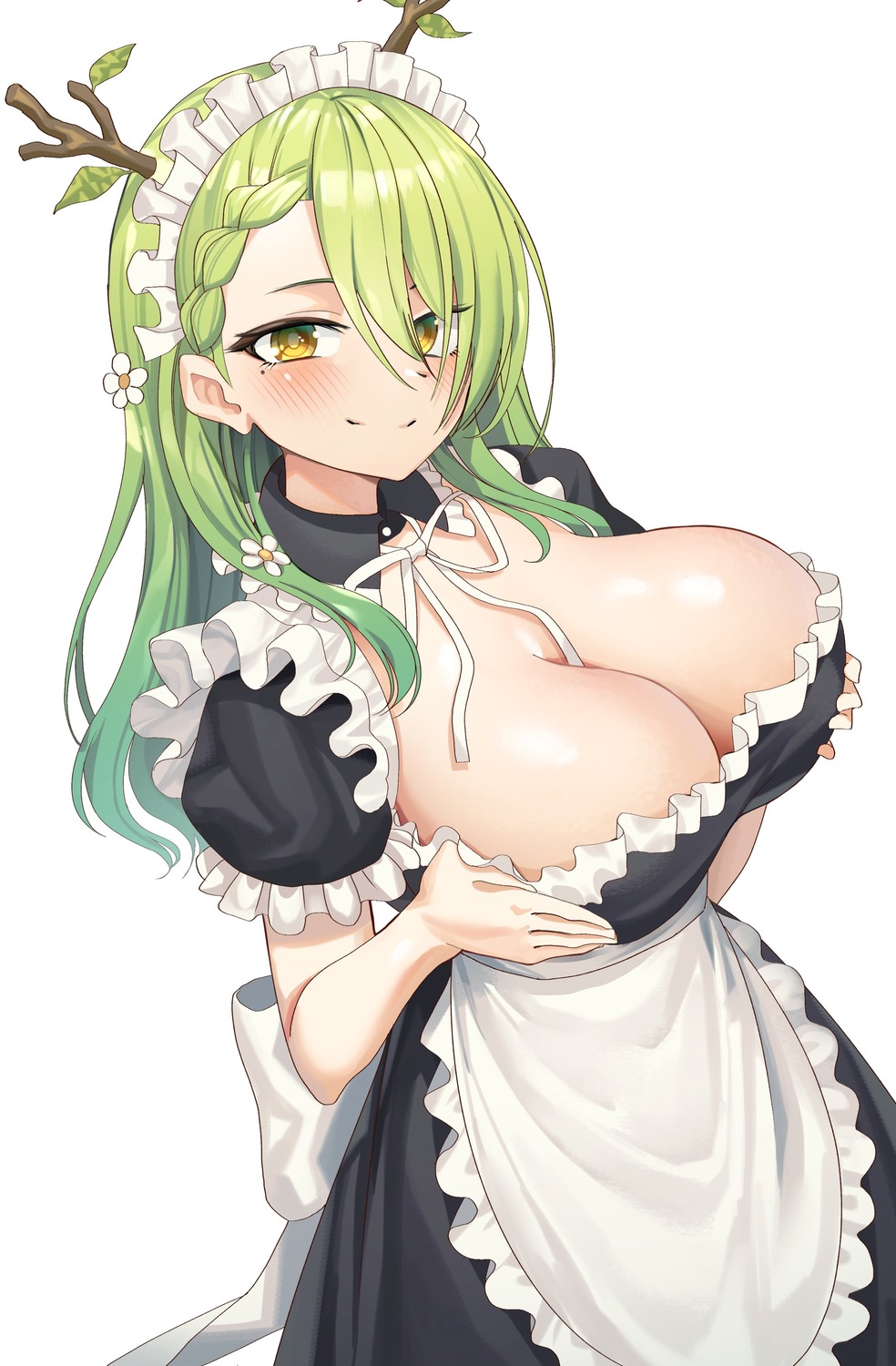 breasts ceres_fauna goback hololive hololive_english horns maid no_bra