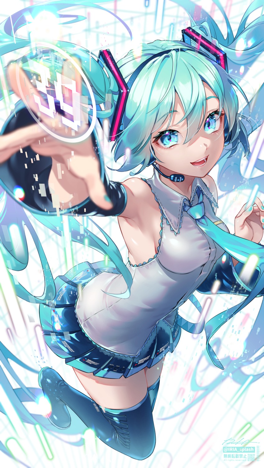 hatsune_miku headphones iria_(yumeirokingyo) skirt_lift thighhighs vocaloid