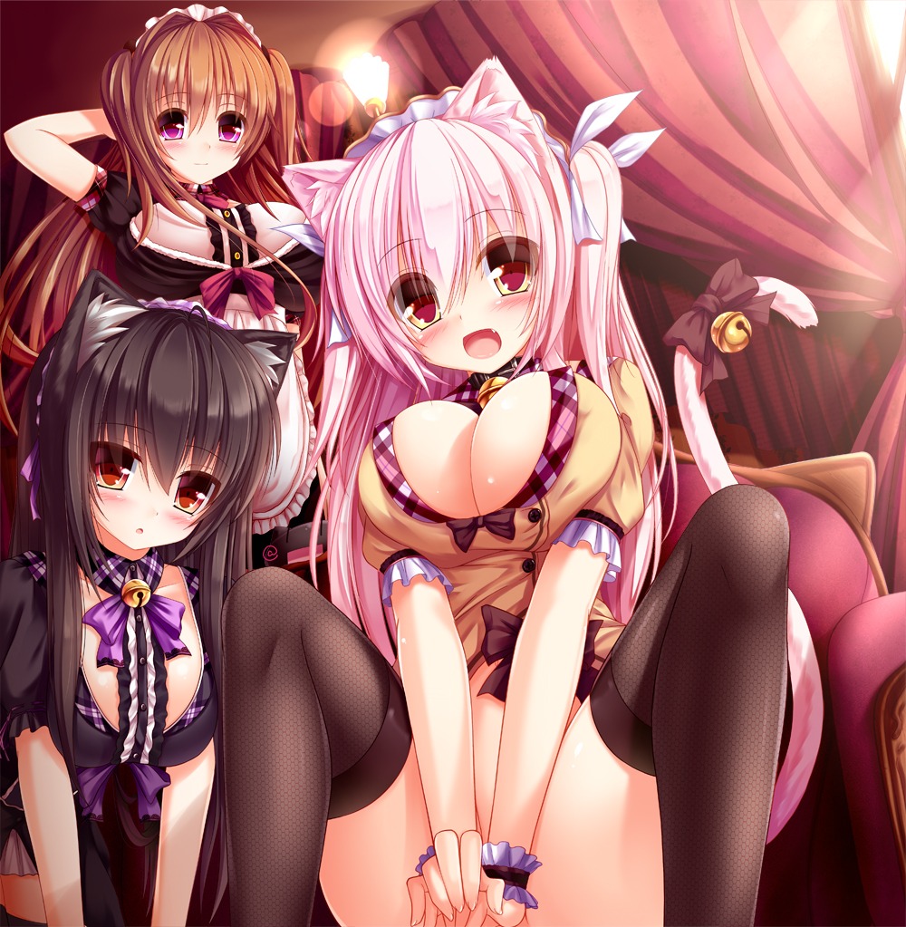 animal_ears cassini_m_bisuko cleavage maid mia_flatpaddy nekomimi nopan shia_flatpaddy syroh tail thighhighs