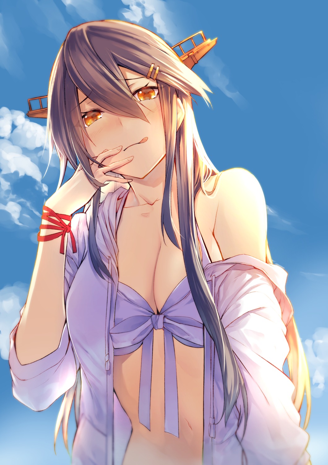 bikini_top haruna_(kancolle) kantai_collection open_shirt swimsuits