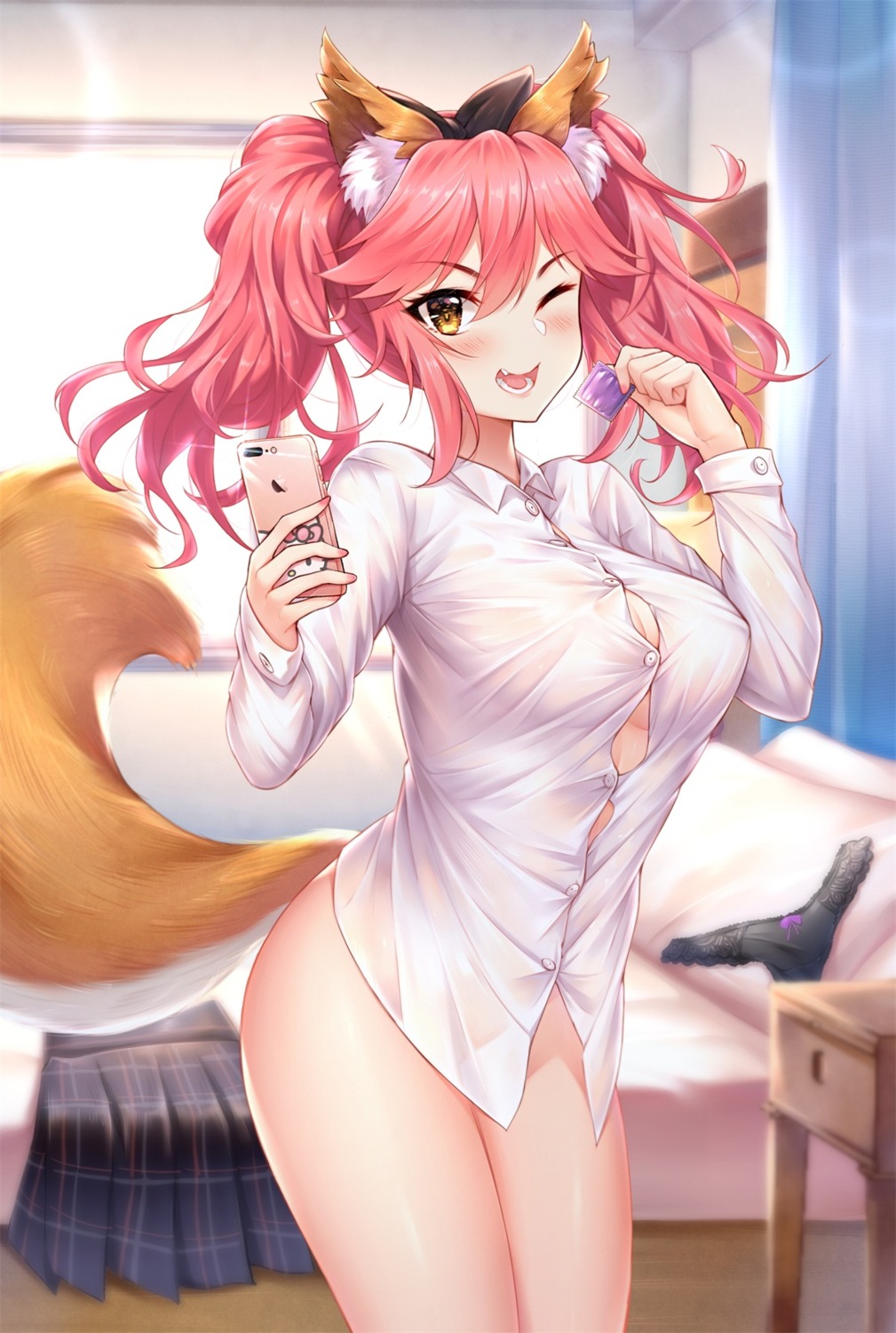 animal_ears bottomless dress_shirt fate/grand_order hua-j no_bra pantsu see_through tail tamamo_no_mae