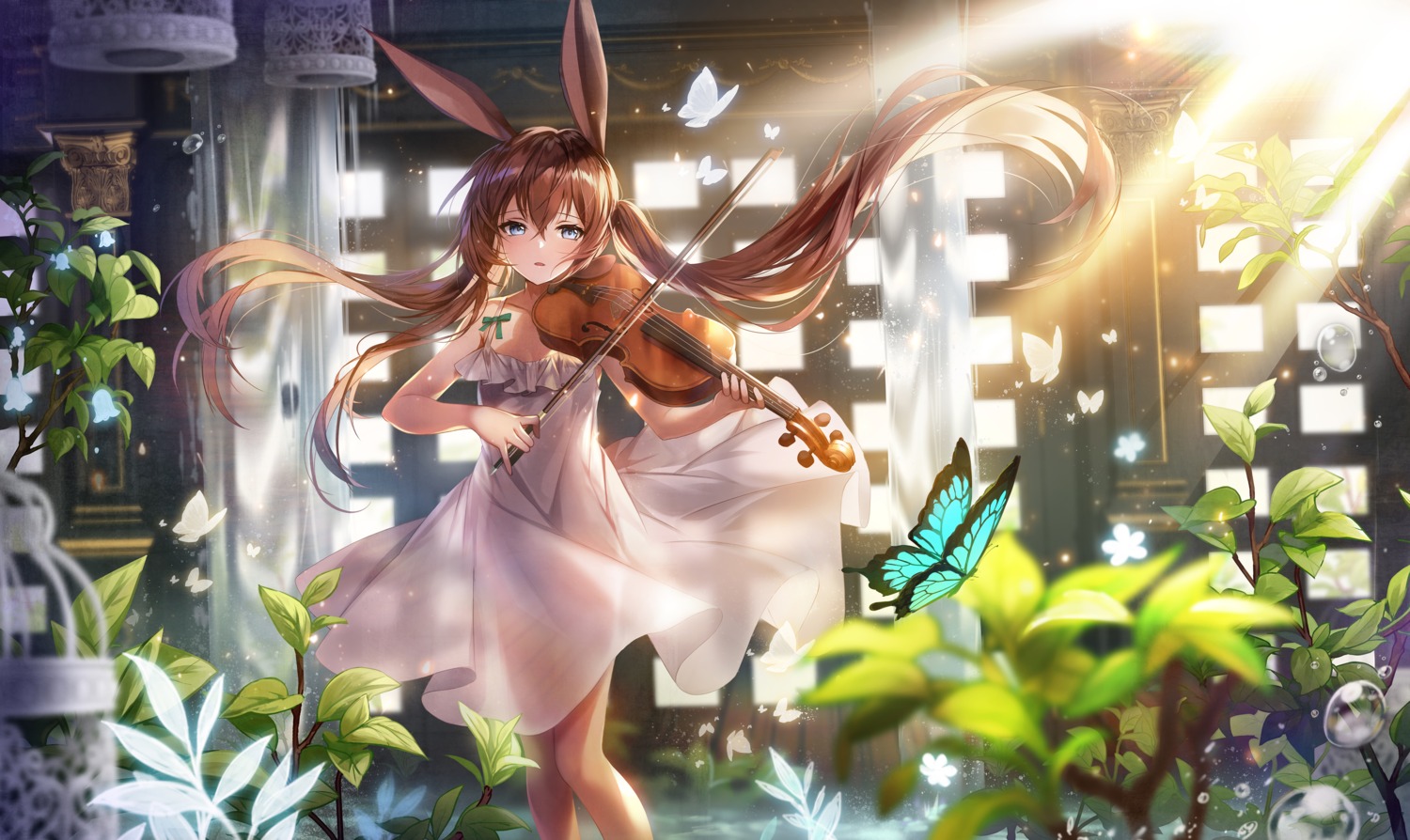 amiya_(arknights) animal_ears apple_caramel arknights bunny_ears dress see_through skirt_lift summer_dress