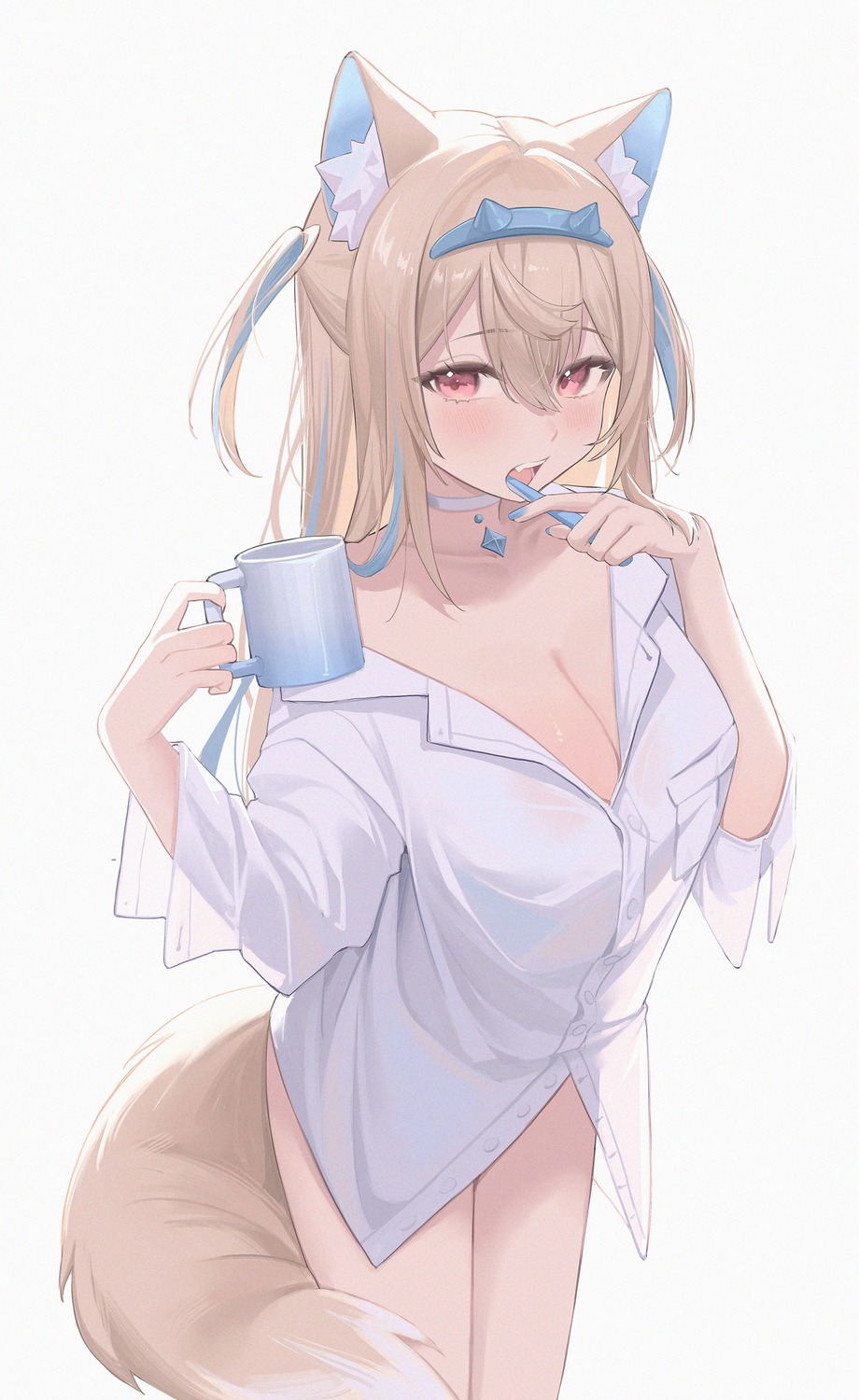 animal_ears cleavage dress_shirt fuwawa_abyssgard hololive hololive_english inumimi midori_xu no_bra open_shirt see_through tail