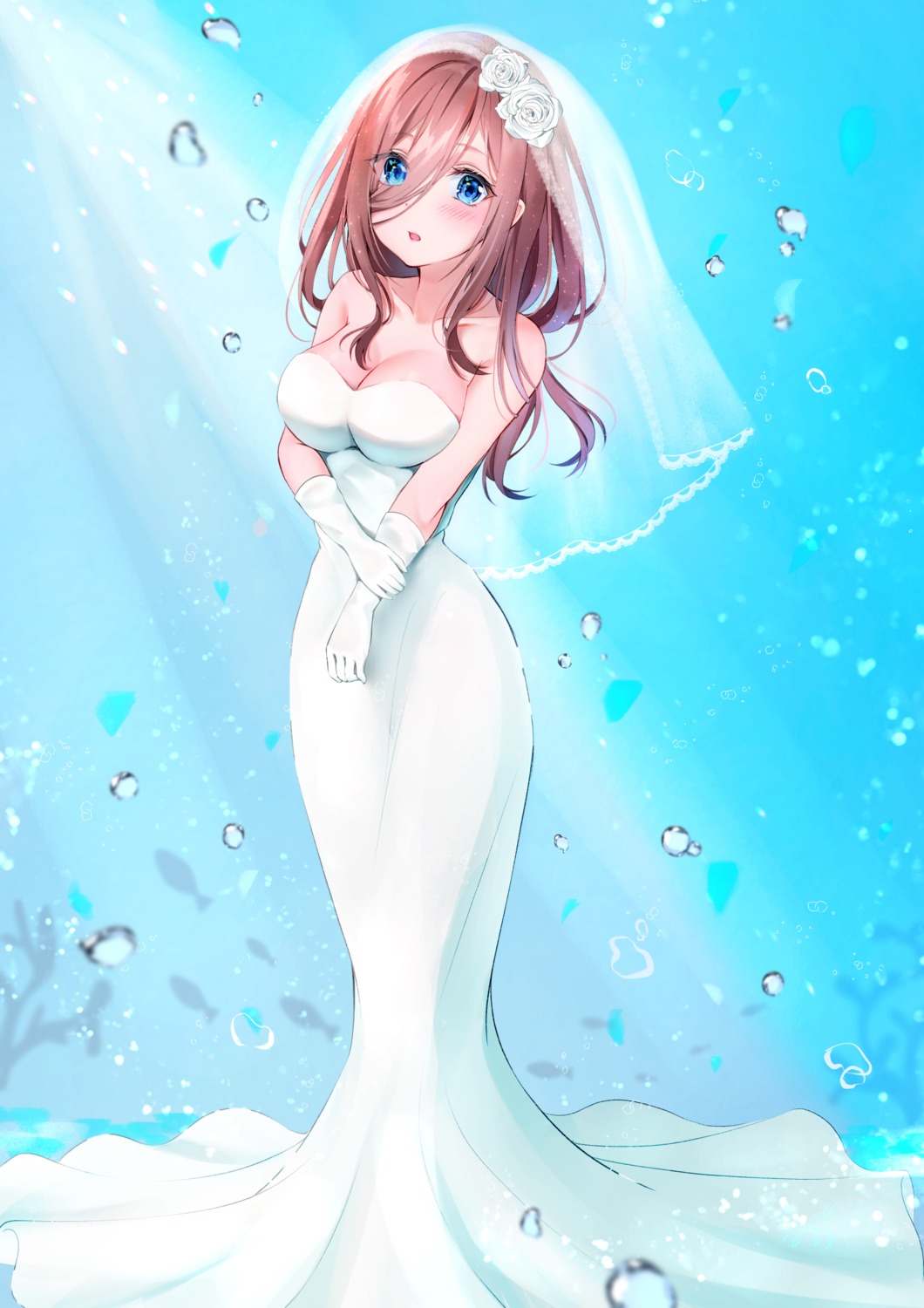 5-toubun_no_hanayome breast_hold cleavage dress mizukanayuki nakano_miku wedding_dress