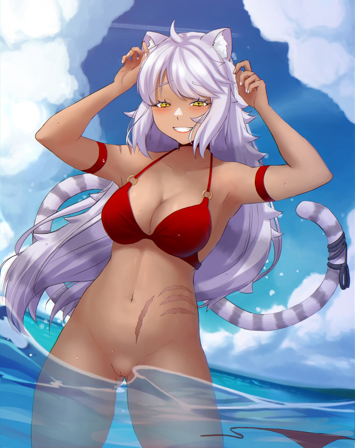 animal_ears bikini_top bottomless kershokart nekomimi pussy swimsuits tail uncensored wardrobe_malfunction wet