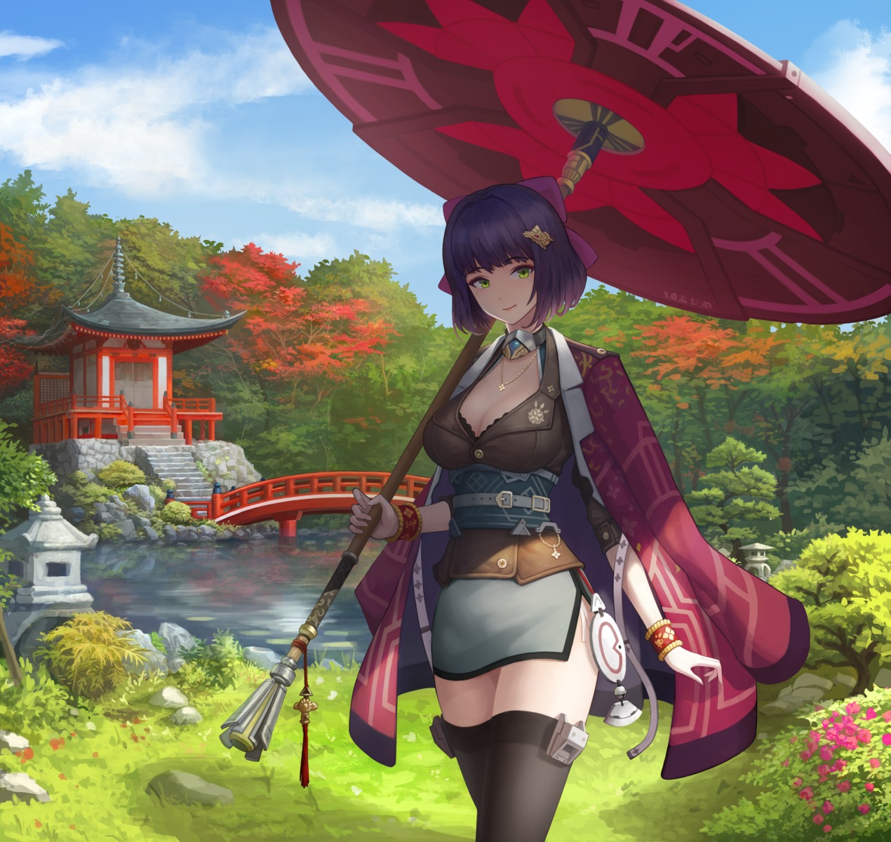 arin_sel cleavage japanese_clothes thighhighs umbrella