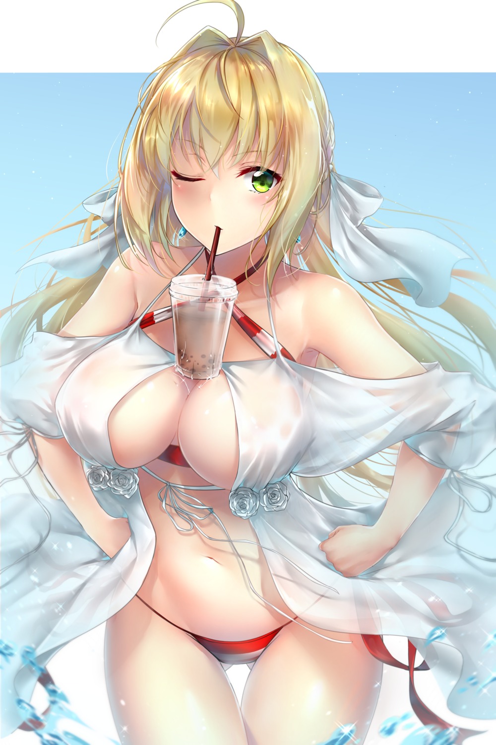 bikini fate/grand_order open_shirt rei_kun saber_extra see_through swimsuits wet