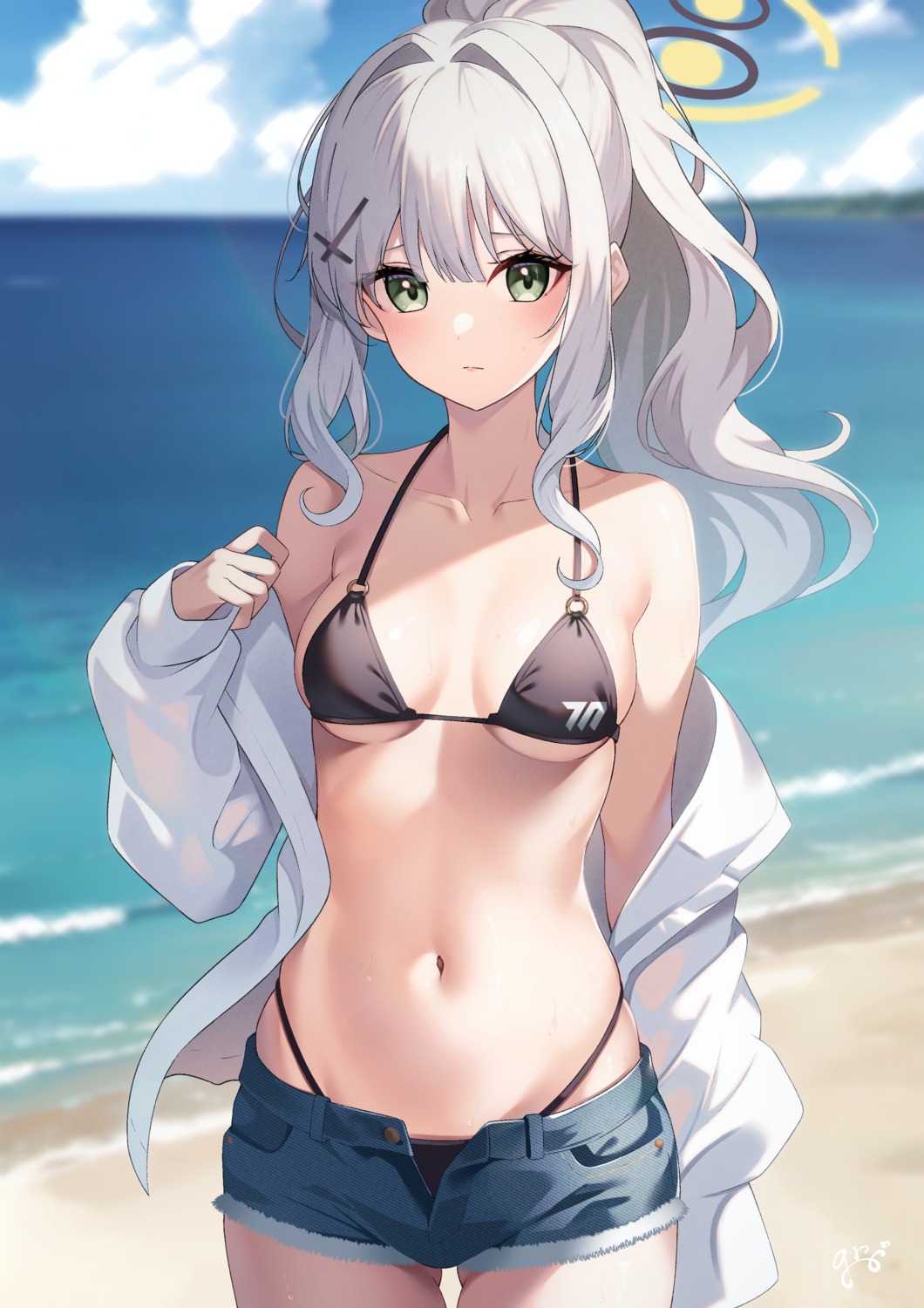 bikini blue_archive guri_(gri1211) halo omagari_hare open_shirt swimsuits