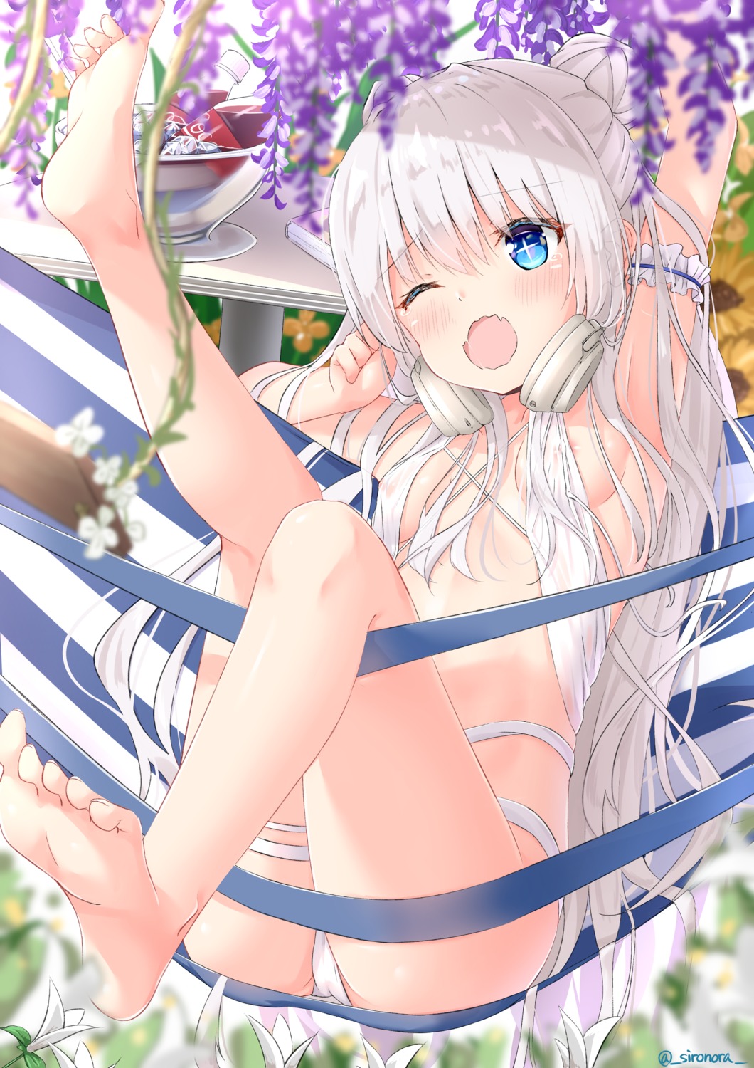 areola azur_lane bikini cameltoe feet garter headphones le_malin_(azur_lane) loli see_through shironora swimsuits