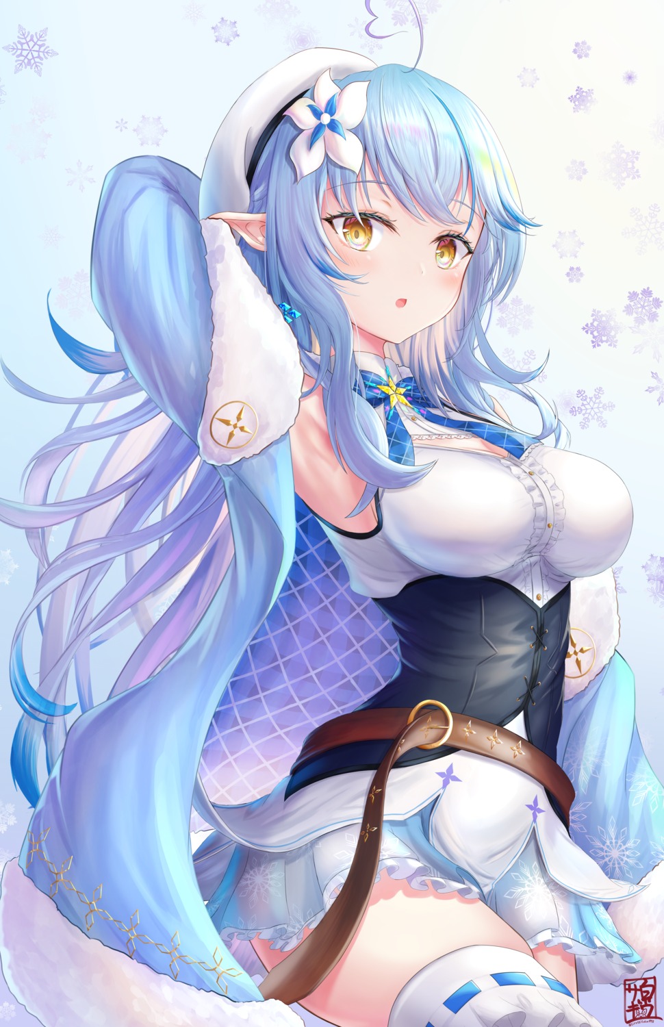 cleavage elf hololive pointy_ears see_through shirousagi_(sirousagi1998) skirt_lift thighhighs yukihana_lamy