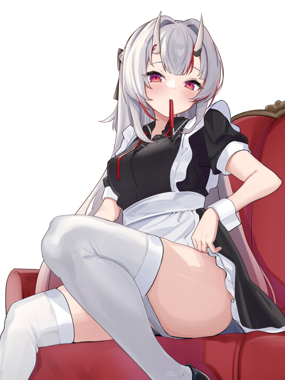 hitachi_sou hololive horns maid nakiri_ayame stockings thighhighs