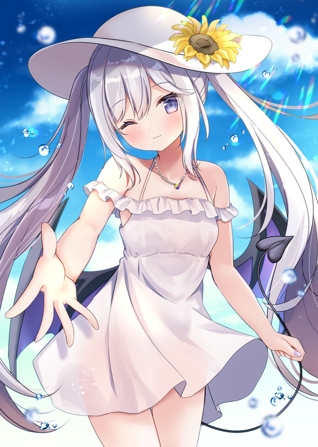 dress masayo_(gin_no_ame) see_through skirt_lift summer_dress tail wings