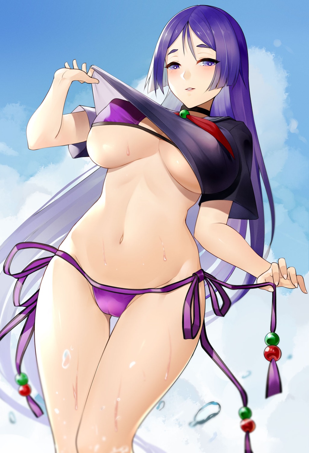 bikini cameltoe fate/grand_order minamoto_no_raikou_(fate/grand_order) shirt_lift swimsuits underboob undressing wet yueguang_zhanglang