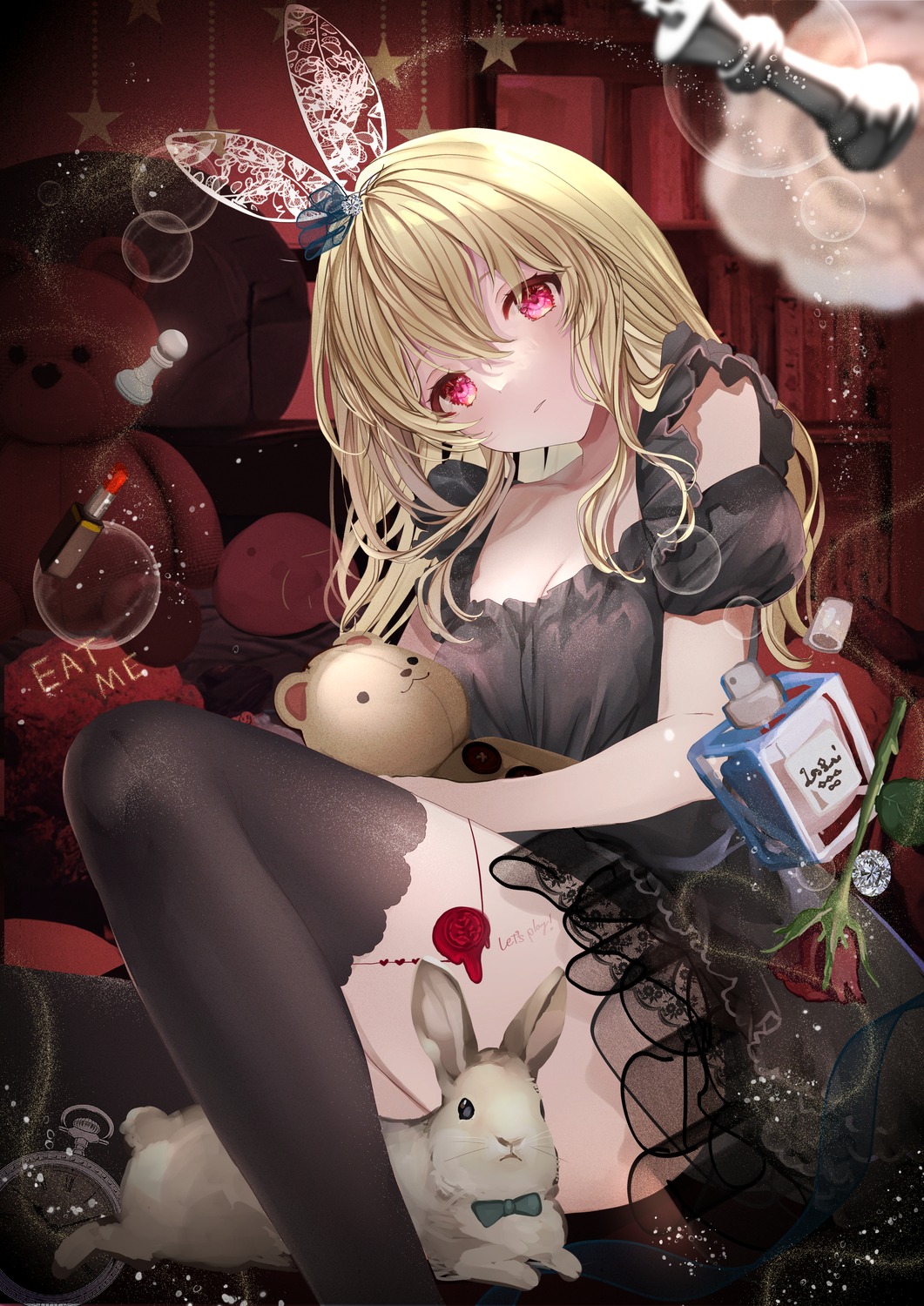 alice alice_in_wonderland animal_ears bunny_ears cleavage puracotte see_through thighhighs