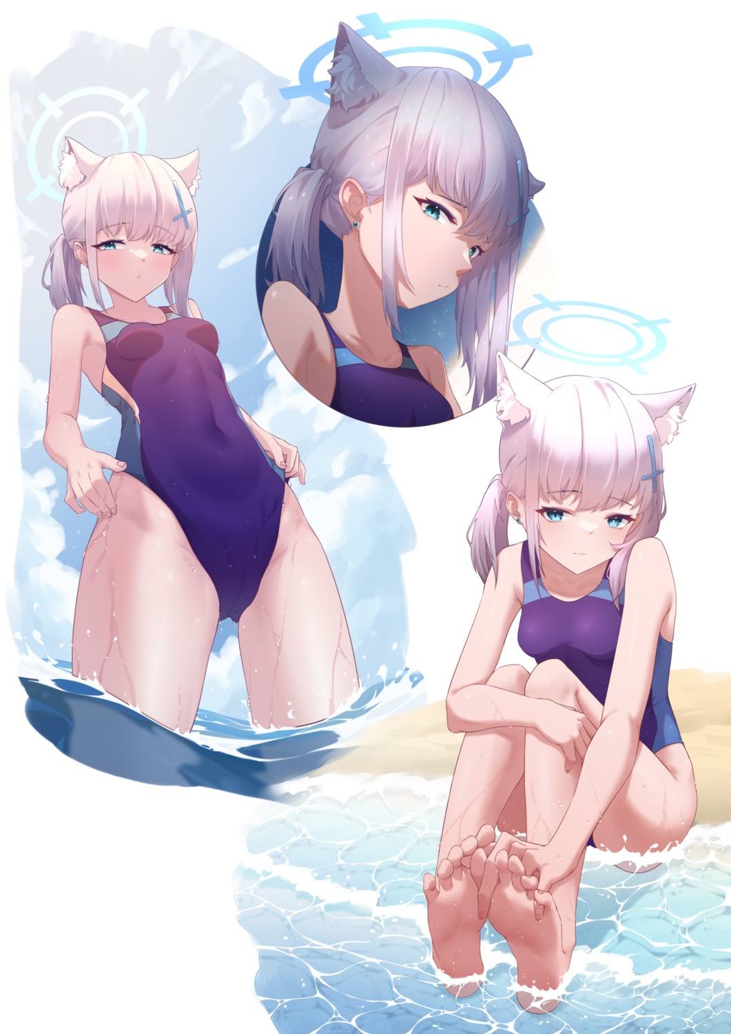 animal_ears blue_archive chan_sang feet halo nekomimi sunaookami_shiroko swimsuits wet