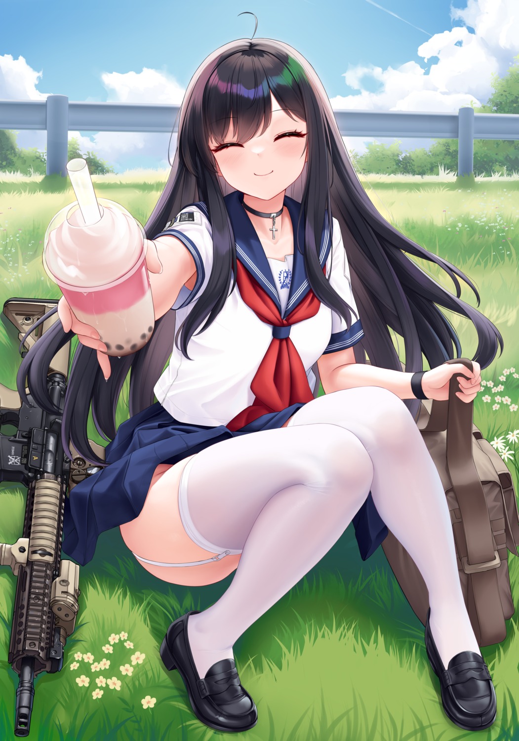 allenes gun nopan seifuku skirt_lift stockings thighhighs