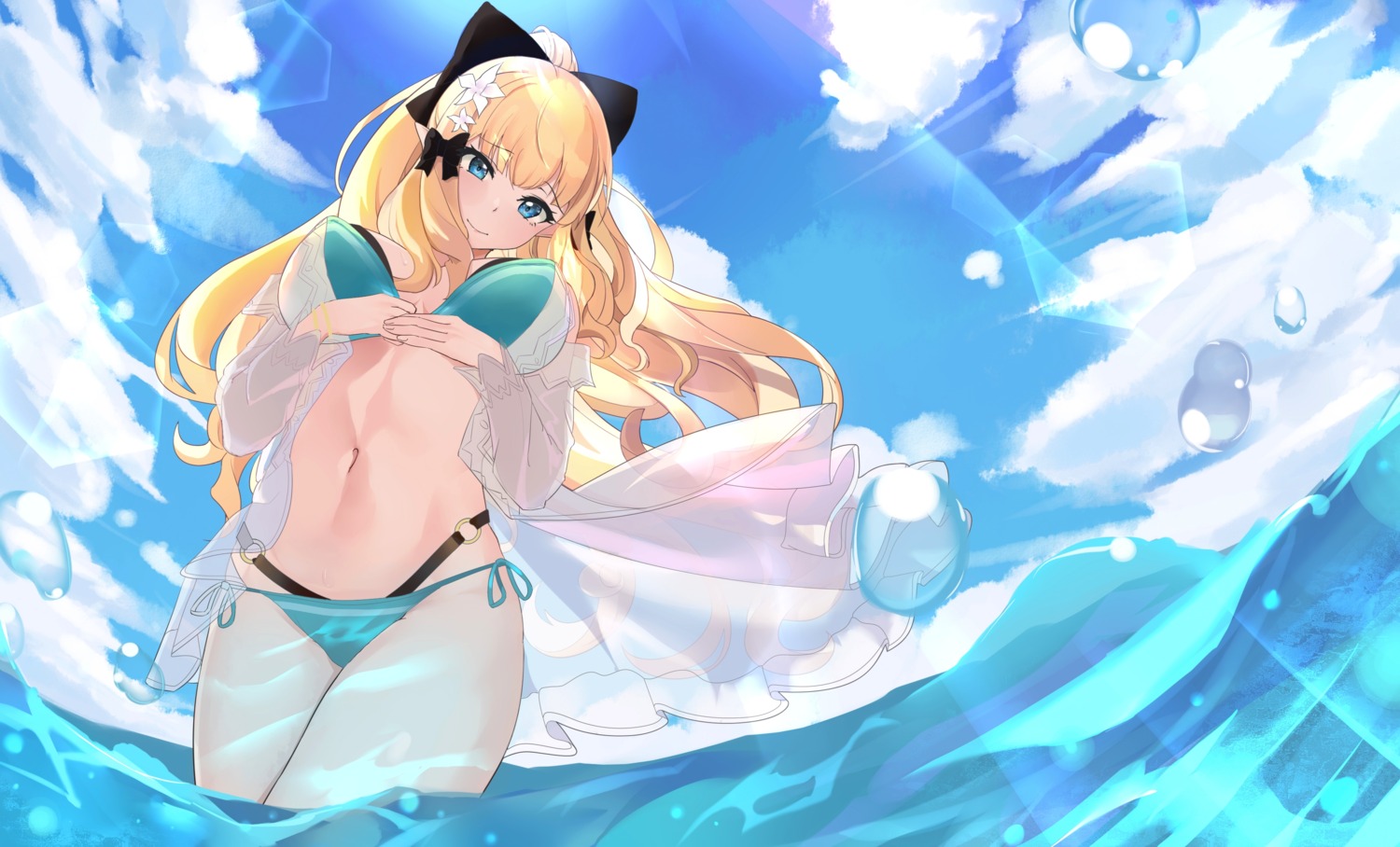 bikini open_shirt pointy_ears princess_connect princess_connect!_re:dive sasaki_saren see_through swimsuits wet yimkura