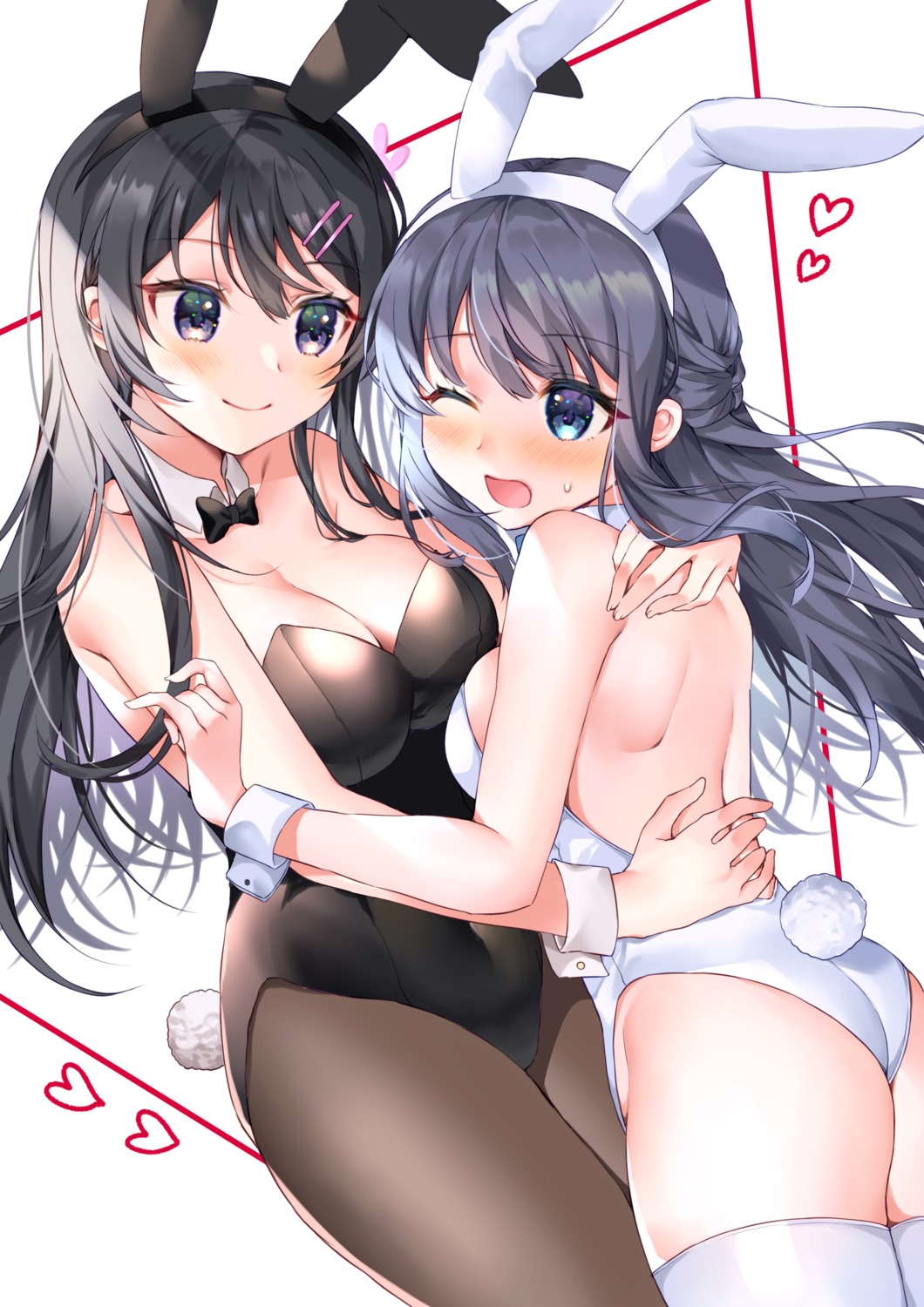 animal_ears ass bunny_ears bunny_girl makinohara_shouko no_bra pantyhose sakurajima_mai seishun_buta_yarou tail thighhighs yam_(yamap_mako) yuri