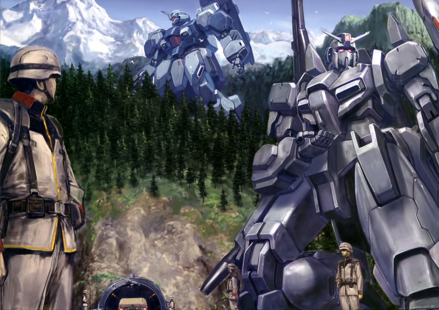 gun gundam gundam_unicorn landscape male mecha msz-006a1_zeta_plus uniform weapon