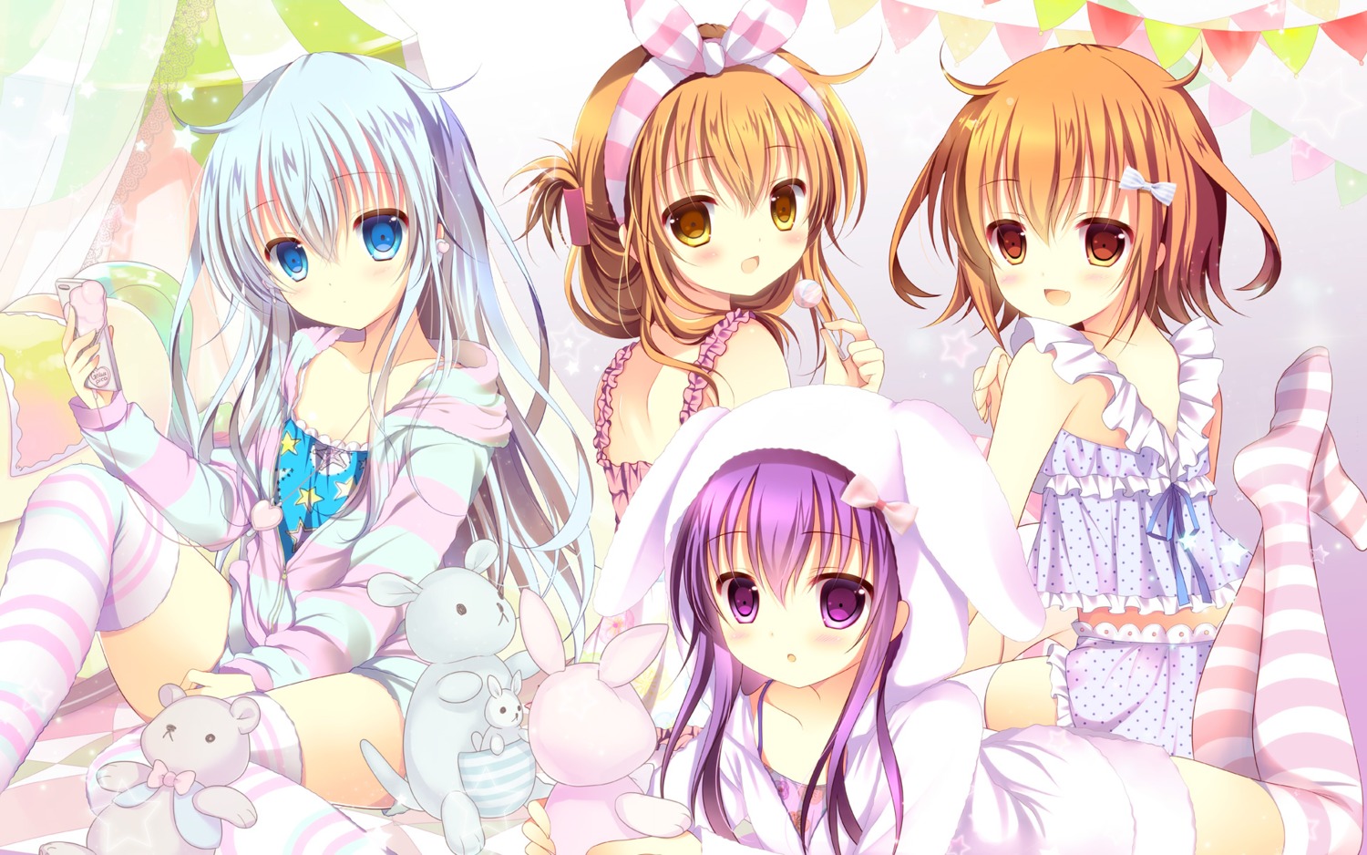 akatsuki_(kancolle) hibiki_(kancolle) ikazuchi_(kancolle) inazuma_(kancolle) kantai_collection open_shirt pajama shirogane_hina thighhighs wallpaper