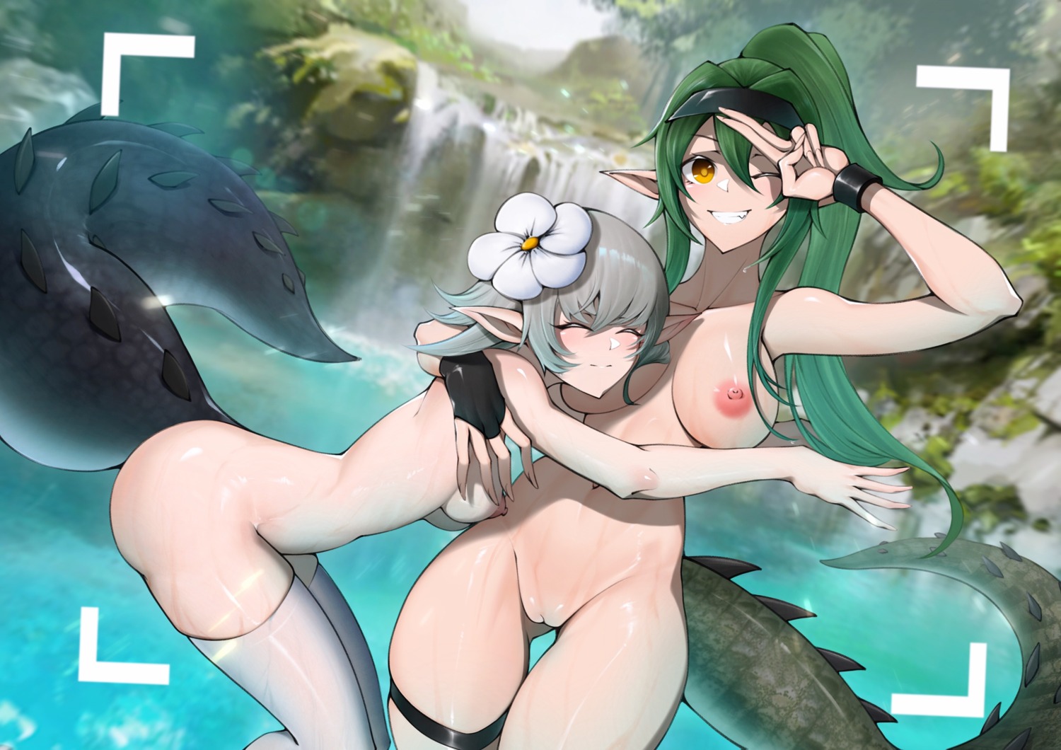 arknights garter gavial_(arknights) ghosty naked nipples pointy_ears pussy tail thighhighs tomimi_(arknights) uncensored wet