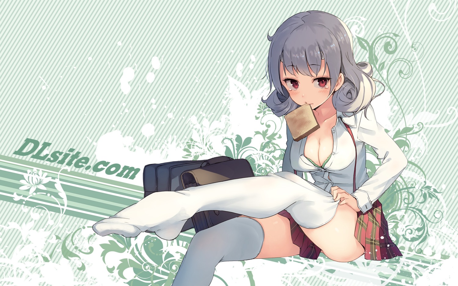 bra cleavage dlsite.com feet open_shirt paseri seifuku thighhighs wallpaper