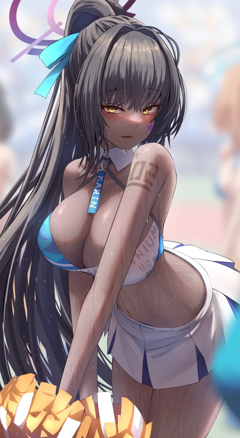 blue_archive cheerleader cosplay halo kakudate_karin nekozuka_hibiki no_bra silver_bullet_(ecc12_8) tattoo wet