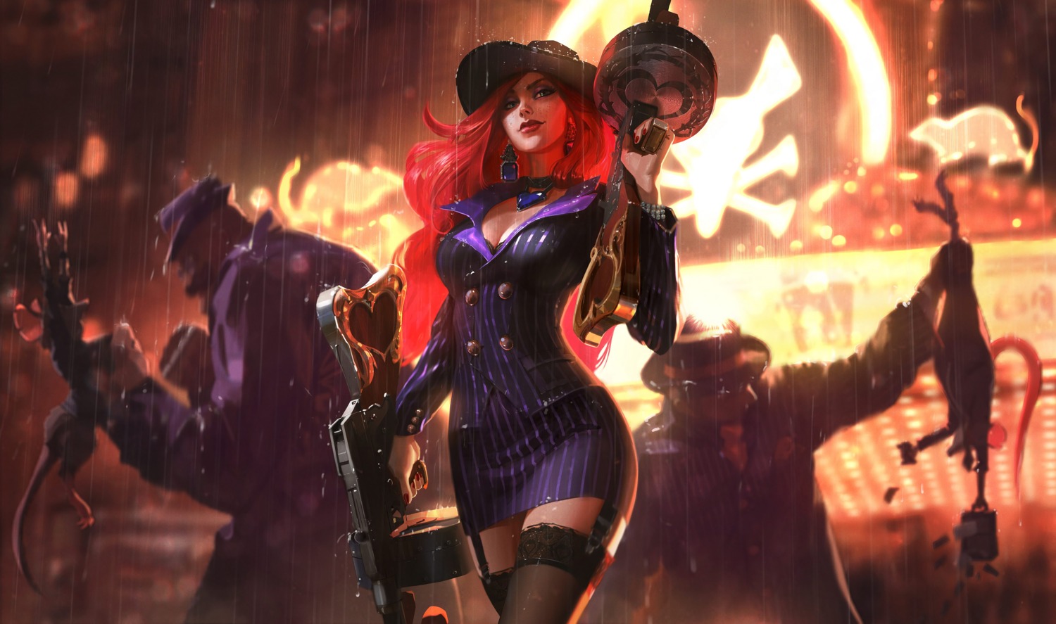 bra business_suit cleavage gun league_of_legends miss_fortune stockings tagme thighhighs