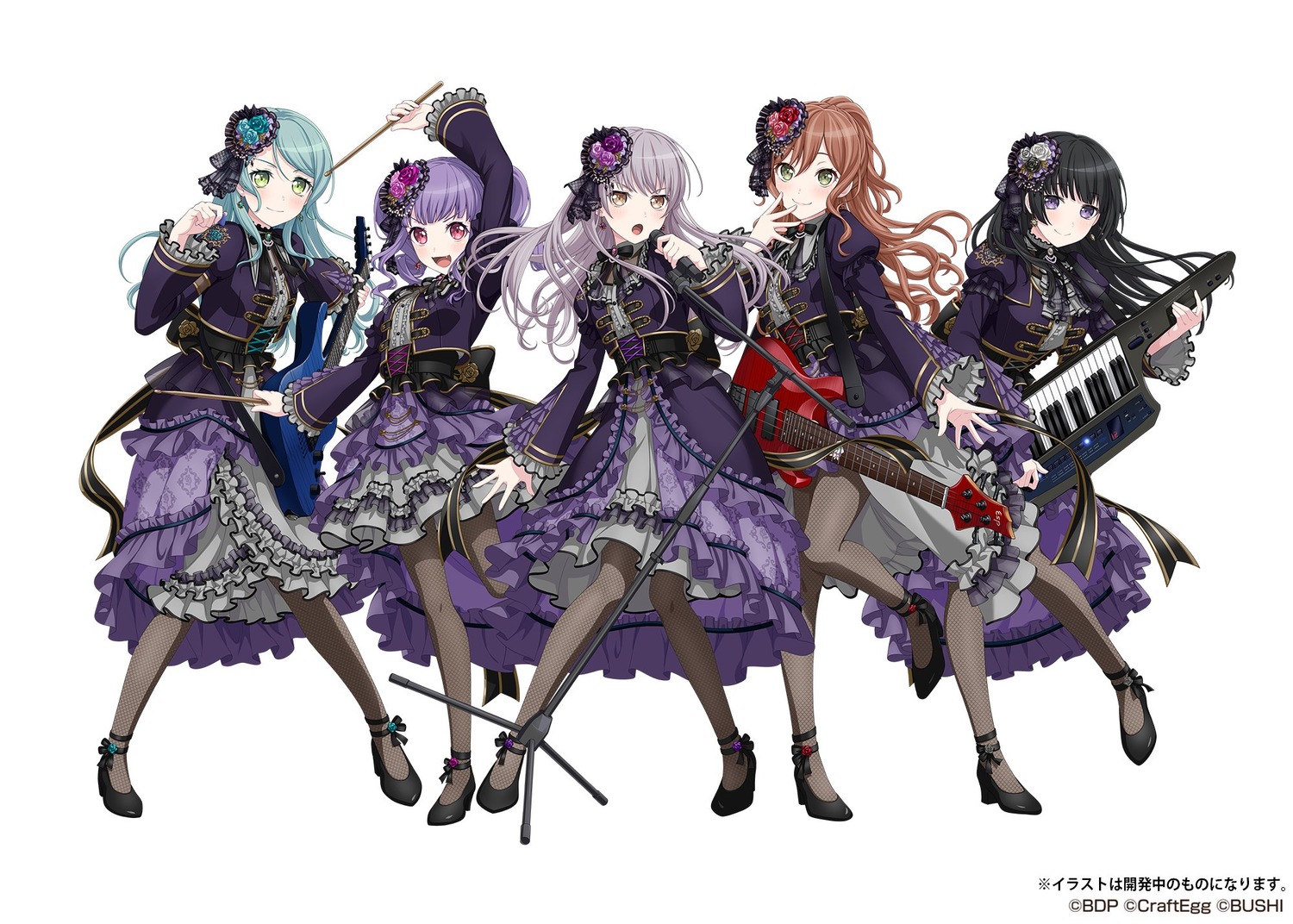 bang_dream! fishnets guitar heels hikawa_sayo imai_lisa minato_yukina pantyhose shirokane_rinko udagawa_ako uniform