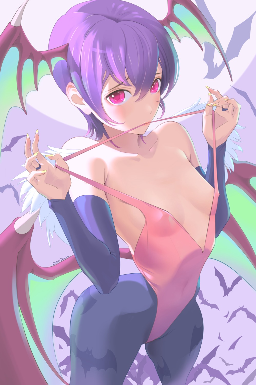 dark_stalkers kyakkun leotard lilith_aensland no_bra pantyhose undressing wings