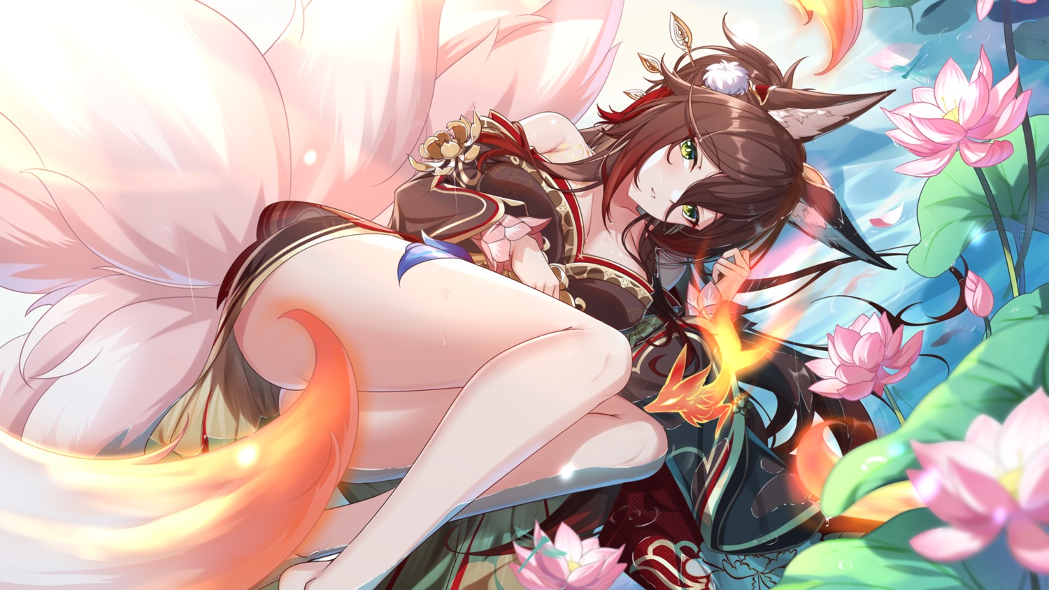 animal_ears asian_clothes honkai:_star_rail kaede_uehara kitsune no_bra skirt_lift tail tingyun wet