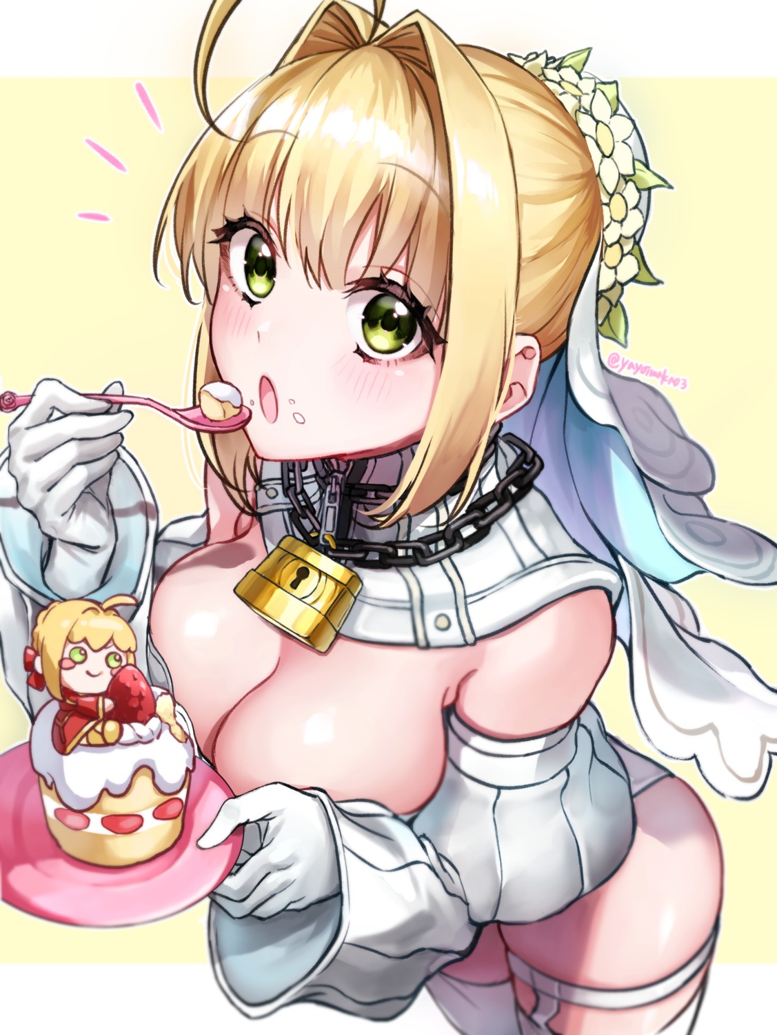 chibi fate/extra fate/stay_night garter no_bra saber_bride saber_extra stockings thighhighs yayoi_maka