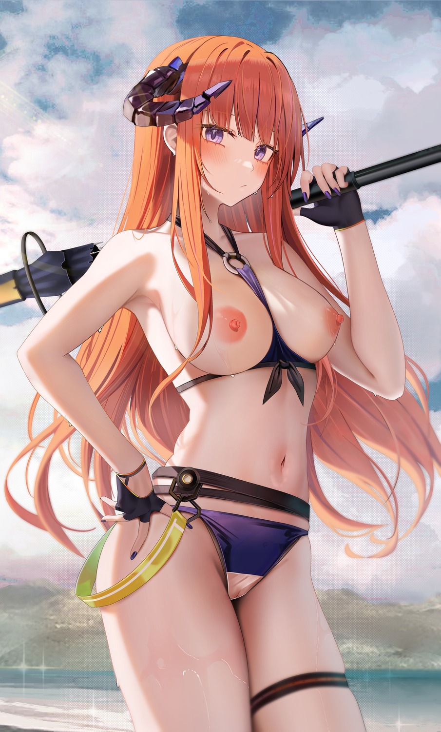 arknights bagpipe_(arknights) bikini breasts garter horns nipples pussy ru_zhai see_through swimsuits weapon