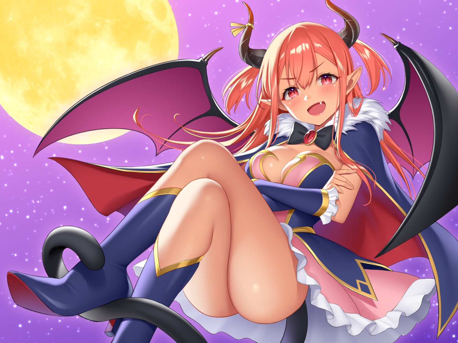 breast_hold cleavage dress heels horns pointy_ears re:shimashima skirt_lift tail wings