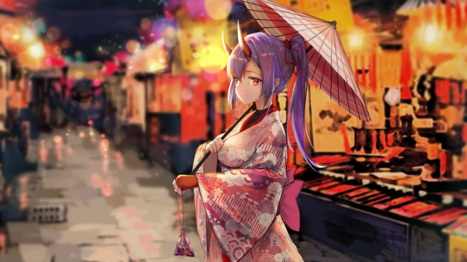 fate/grand_order horns japanese_clothes kimono pixiv14930173 tomoe_gozen_(fate/grand_order) umbrella xj_(pixiv14930173)