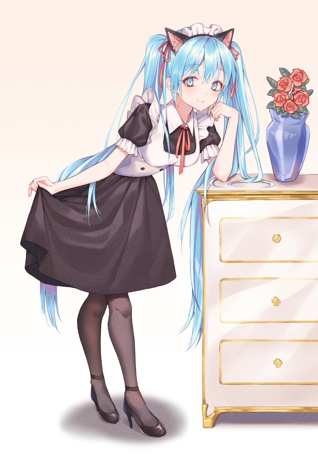 animal_ears cha_chya hatsune_miku heels maid nekomimi skirt_lift vocaloid