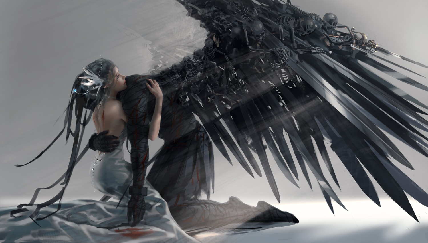 bandages blood dress ghostblade ghostblade_(character) no_bra wings wlop yan_haiqin