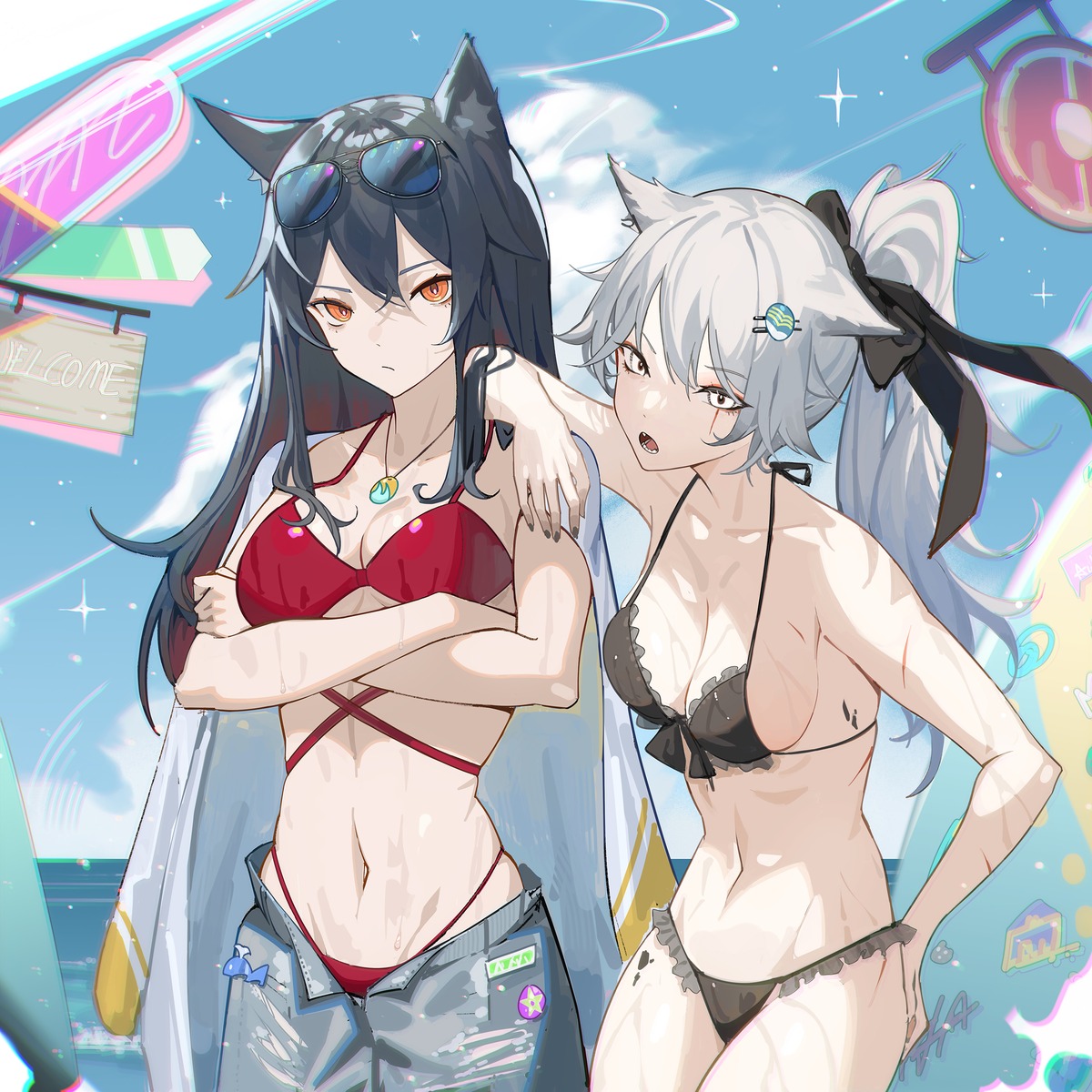 animal_ears arknights bikini krin lappland_(arknights) megane swimsuits texas_(arknights)