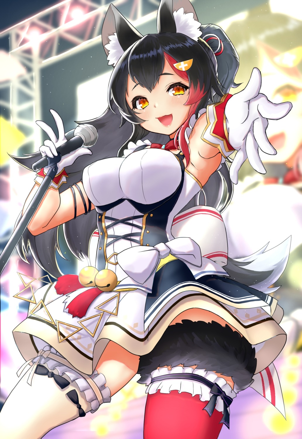 animal_ears garter hololive hololive_gamers ookami_mio riroi skirt_lift tail thighhighs