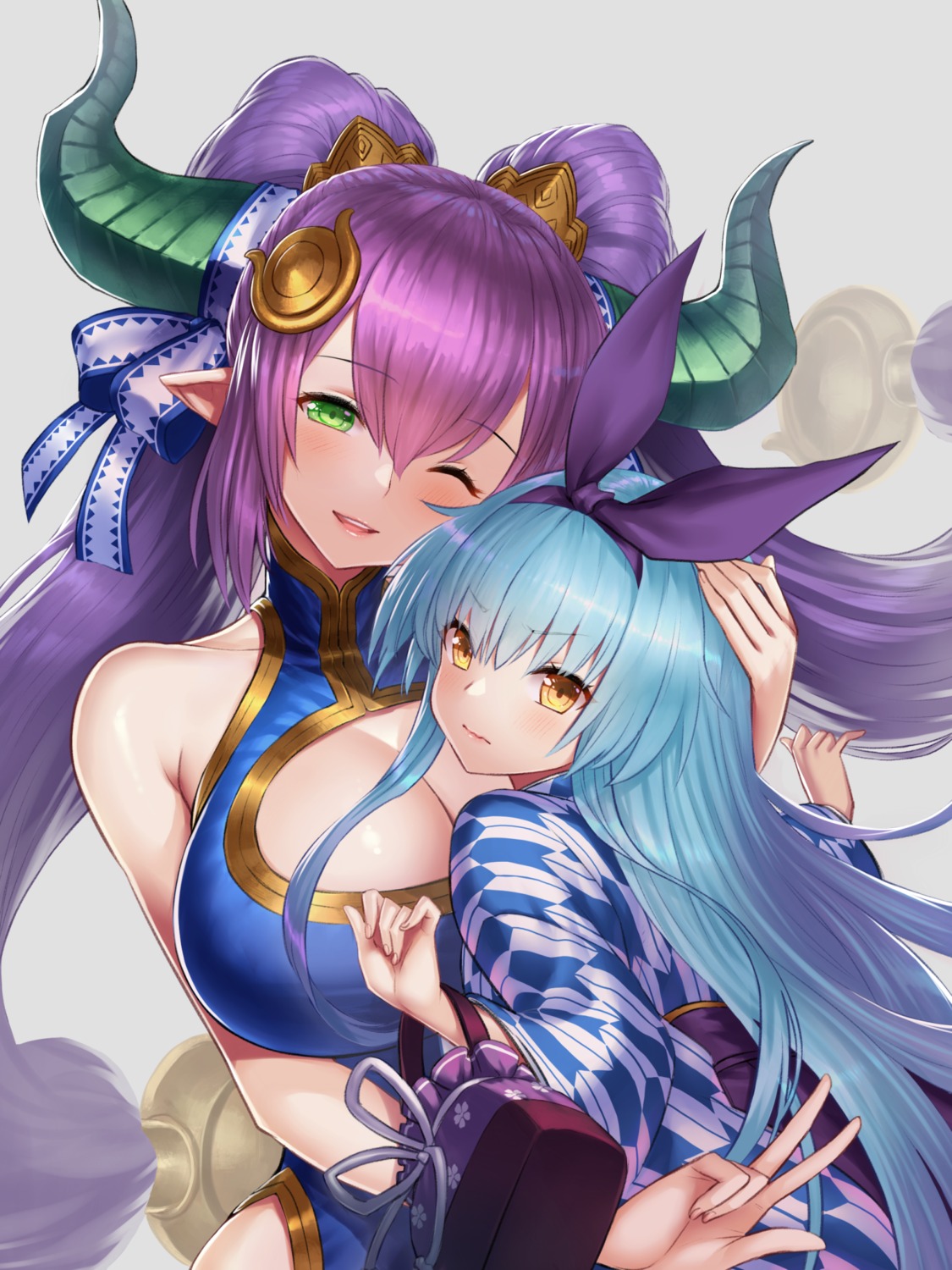 chinadress cleavage horns kimono pointy_ears soukyuu_no_skygalleon yapo_(croquis_side) yuri