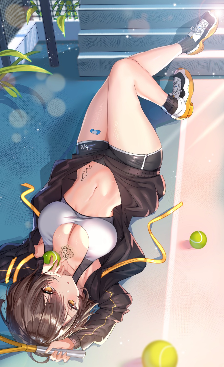 azur_lane baltimore_(azur_lane) bandaid bra cleavage gym_uniform open_shirt shanguier tattoo tennis