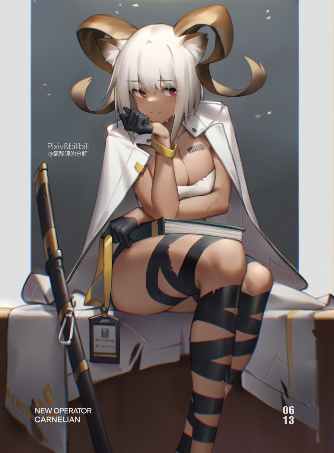 arknights bilibili_xiaolu carnelian_(arknights) cleavage horns no_bra sword tattoo torn_clothes