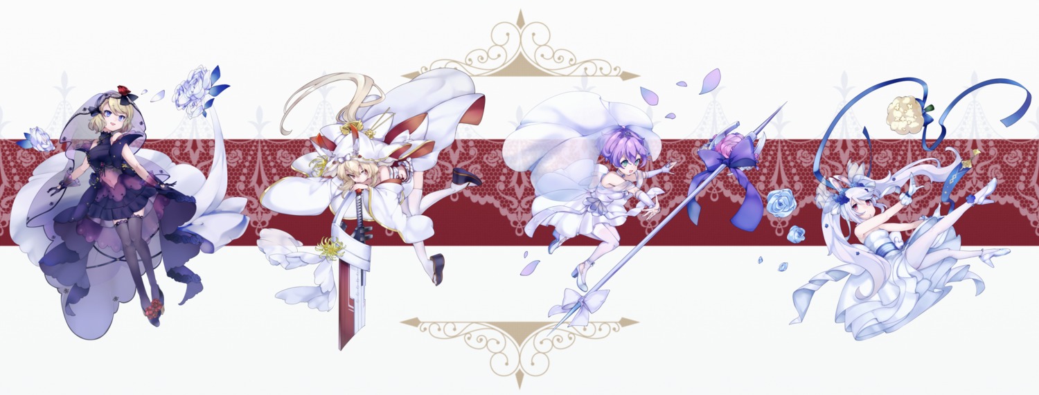 animal_ears ayanami_(azur_lane) azur_lane bunny_ears dress heels japanese_clothes javelin_(azur_lane) laffey_(azur_lane) no_bra pantyhose see_through skirt_lift sword thighhighs weapon wedding_dress yaekn z23_(azur_lane)