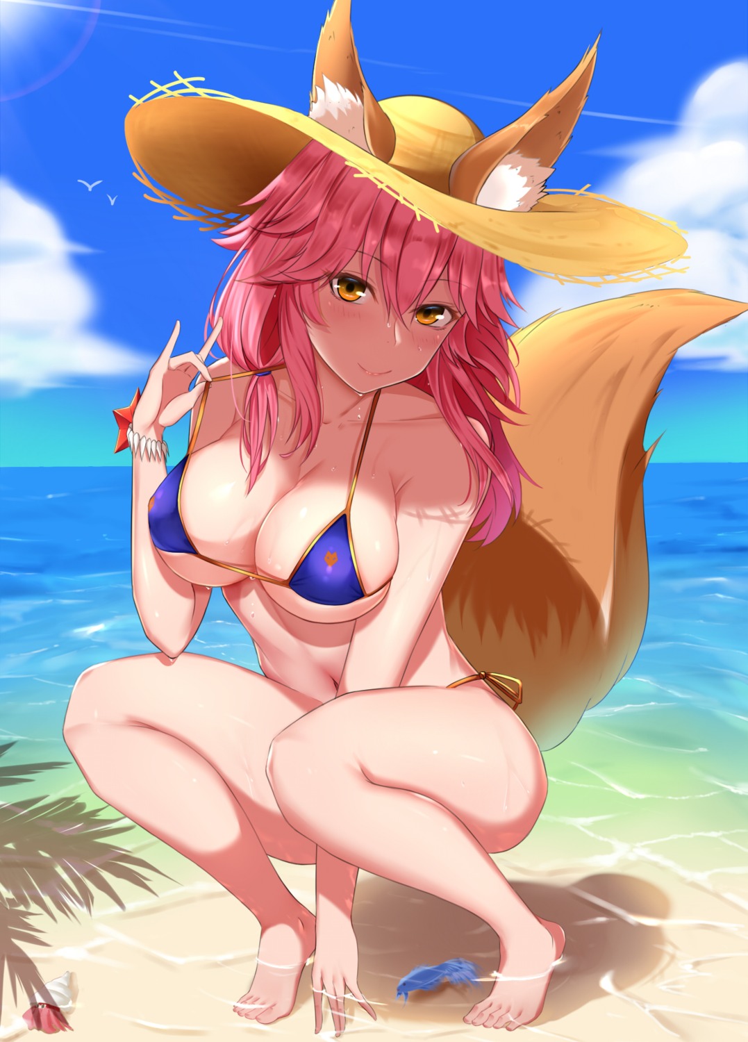 animal_ears bikini erect_nipples fate/grand_order kitsune swimsuits tail tamamo_no_mae undressing wet xian_yu